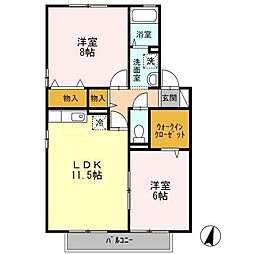 メルベーユ富の原　D棟 2階2LDKの間取り