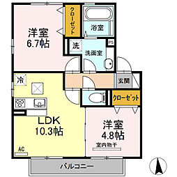 花笑み荘　B棟 1階2LDKの間取り