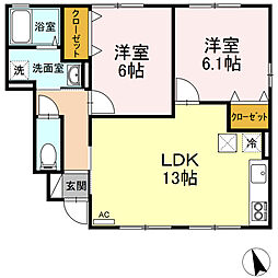 セジュールセントレ 1階2LDKの間取り