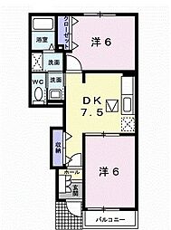 ソレアードホソヤＤ 1階2DKの間取り