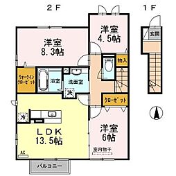 宮城県仙台市太白区東中田3丁目19-8の賃貸アパート 2階3LDKの間取り