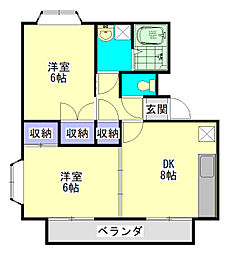 レインボー都北ハイツB棟 2DKの間取図画像