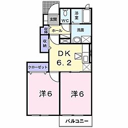 ランドヒルズＤ 1階2DKの間取り