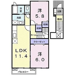 荒尾ガ−デンヒルズ 2階2LDKの間取り