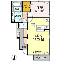 ベルデII 1階1LDKの間取り