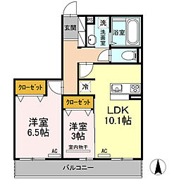 ラフィーネ益城　A棟 3階2LDKの間取り