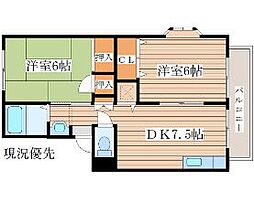 ベルパーク川平III番館 1階2DKの間取り