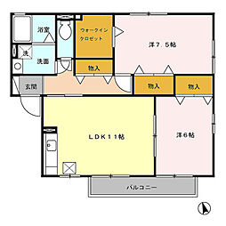 グランヴェール　Ａ 1階2LDKの間取り
