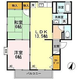 ピースフルいのうえ　A棟 2階2LDKの間取り