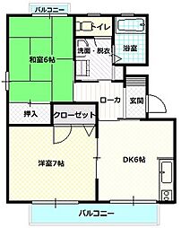 ディアス和　A棟 2階2DKの間取り