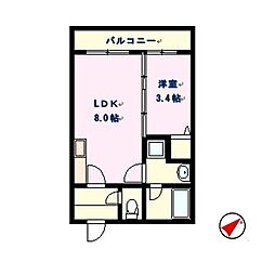 ディアコート大橋 2階1LDKの間取り