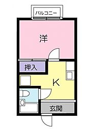 コーポラスＷＲ−1 2階1Kの間取り