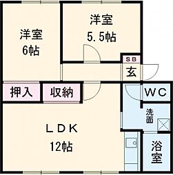 ウィンディア小林C棟 2階2LDKの間取り