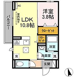 グランディール宮浦 1階1LDKの間取り