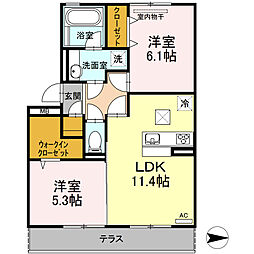 グランドール皆春 1階2LDKの間取り