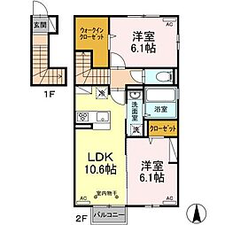 東武伊勢崎線 木崎駅 徒歩11分の賃貸アパート 2階2LDKの間取り