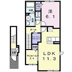 レーヌ参番館 2階1LDKの間取り