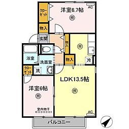 ヴィラ西福原　C棟 2階2LDKの間取り