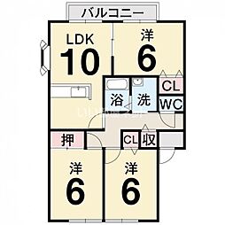 レインボーハイツＡ 2階3LDKの間取り