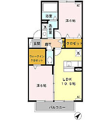 セジュールアラコ　B 2階2LDKの間取り