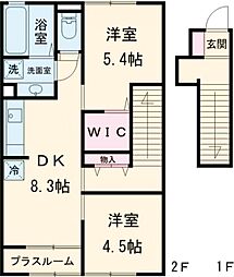 コンフォーティアII 2階2DKの間取り