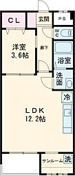 クレセール2 2階1LDKの間取り
