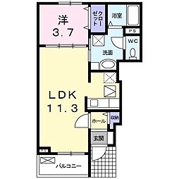 アンソレイユB 1LDKの間取図画像