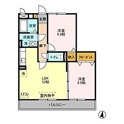 グレースヒルズ　I・II 3階2LDKの間取り
