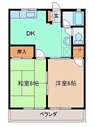 東武桐生線 赤城駅 徒歩9分の賃貸アパート 2階2DKの間取り