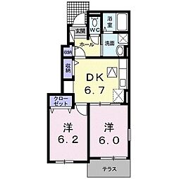 リシェスB棟 2DKの間取図画像