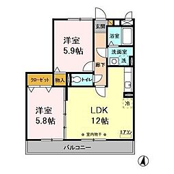 グレースヒルズ　I・II 2階2LDKの間取り
