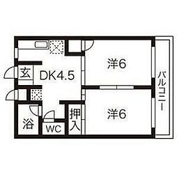 ファミール木ノ下 2階2DKの間取り