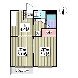 かしまハイツA 2階2Kの間取り