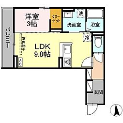 プランタン若里Ｖ 3階1LDKの間取り