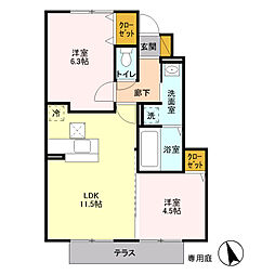 東武小泉線 篠塚駅 5.3kmの賃貸アパート 1階2LDKの間取り