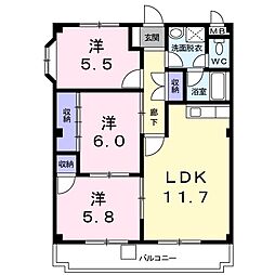JR山陽本線 三原駅 4.2kmの賃貸アパート 2階3LDKの間取り