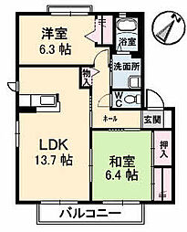 サンボナール温品　Ａ棟 2階2LDKの間取り