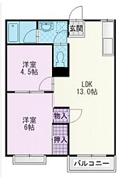 フォーブル酒匂Ｅ 2階2DKの間取り