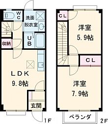 クレストビレッジI 1階2LDKの間取り
