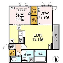ＤーＲＯＯＭ荒井1丁目 1階2LDKの間取り