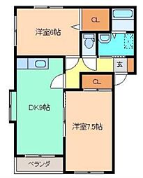 メゾン・ド・ヴェールＢ 1階2DKの間取り