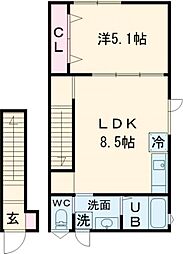フィラーレ富の原Ｃ 2階1LDKの間取り