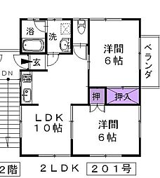 岡岳パインコーポ 2階2LDKの間取り