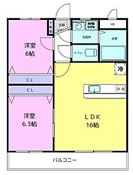 寺ノ元レジデンス 3階2LDKの間取り