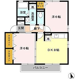 フルール・プリムヴェール　D棟 2階2DKの間取り