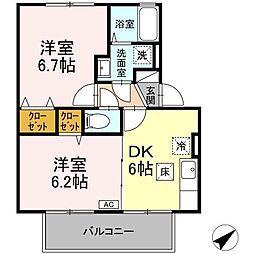 ウィルモアアサイ 1階2DKの間取り