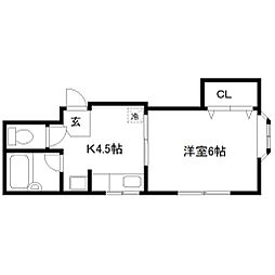 アドバンス長町 2階1Kの間取り