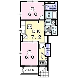 ソレイユ・西口Ｂ 1階2DKの間取り