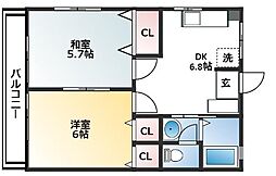 アドリアパラセ 3階2DKの間取り