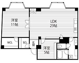 カサフェニックス北野 5階2LDKの間取り